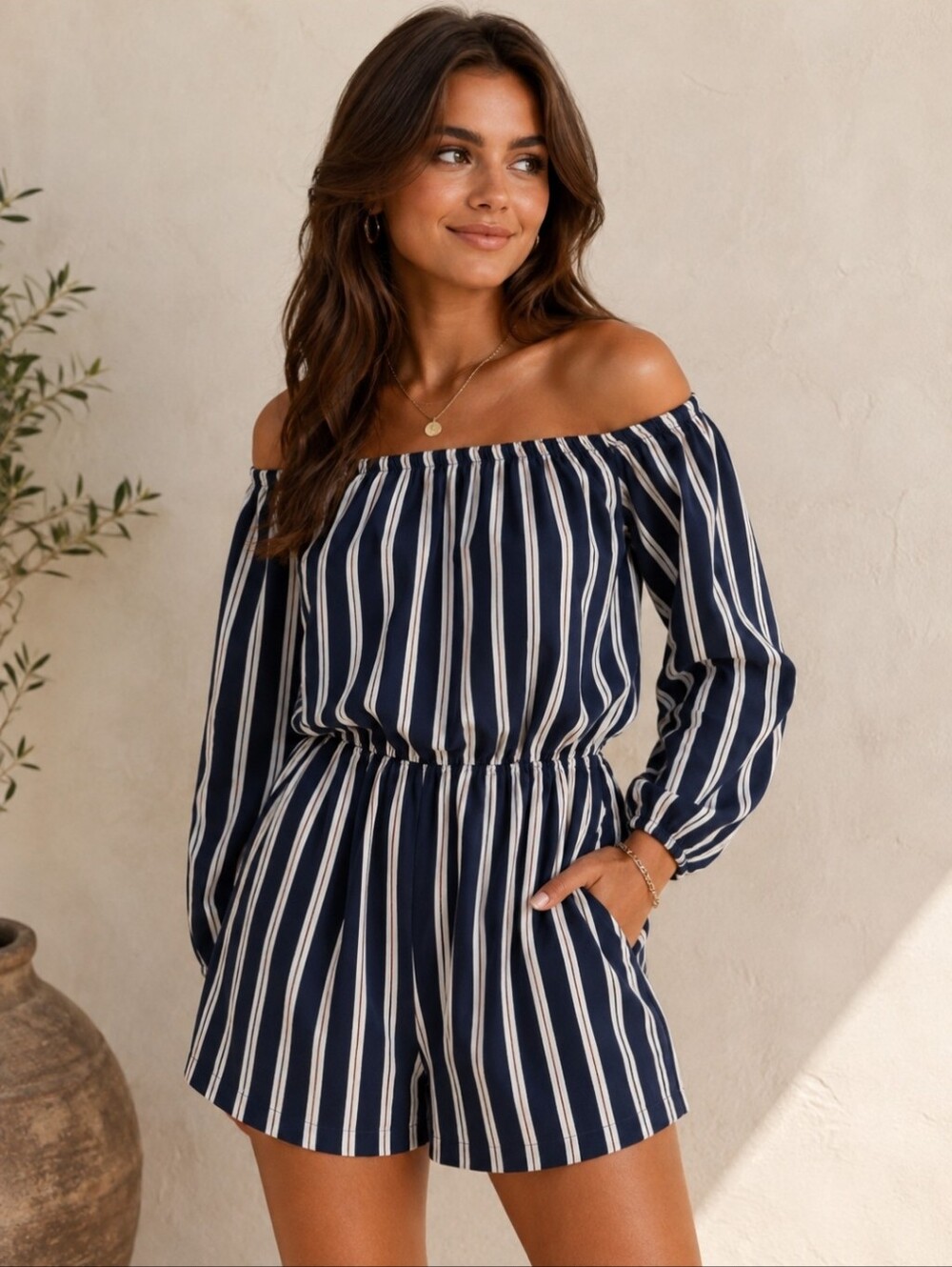 Striped Navy and White Off-Shoulder Women’s Shorts Romper
